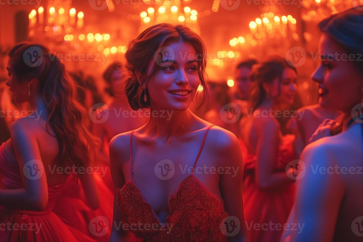 A smiling Caucasian woman in a red gown surrounded by elegantly dressed guests at a festive event, bathed in warm, glowing light. photo