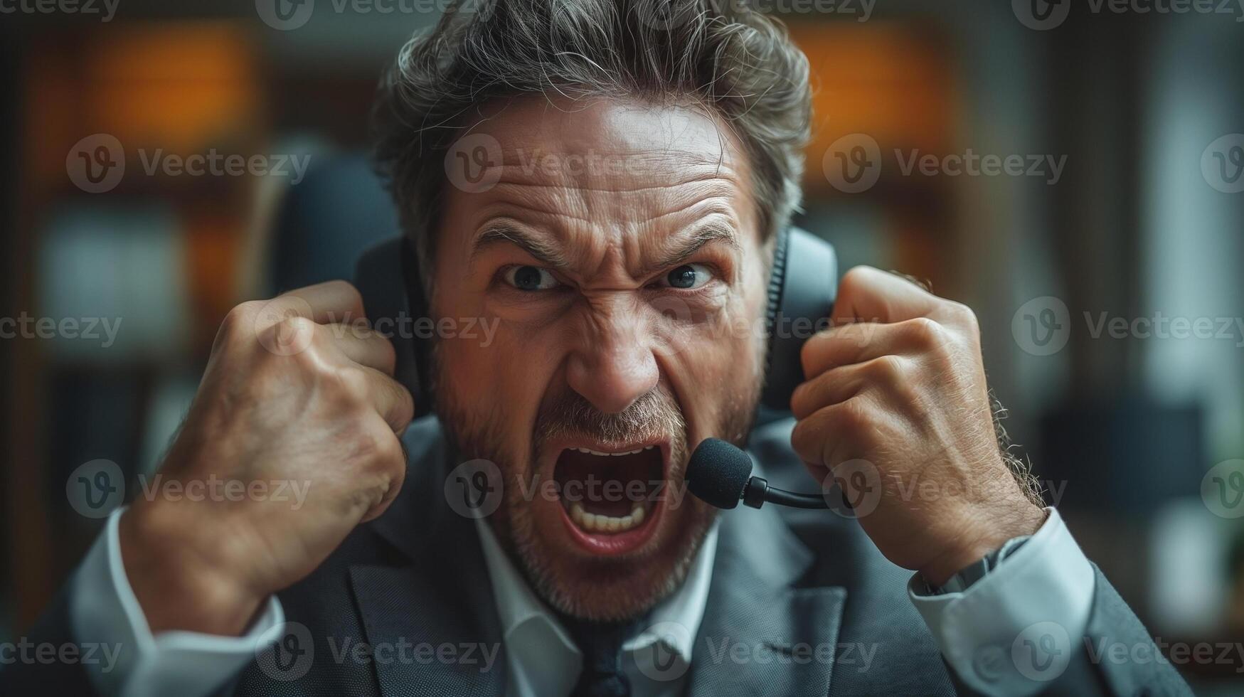 Angry middle-aged Caucasian man in a suit, yelling into a headset, expressing frustration in a modern office setting. photo