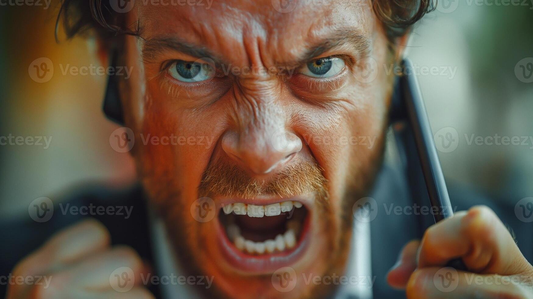 Angry Caucasian man in business attire expressing frustration during a phone call. photo