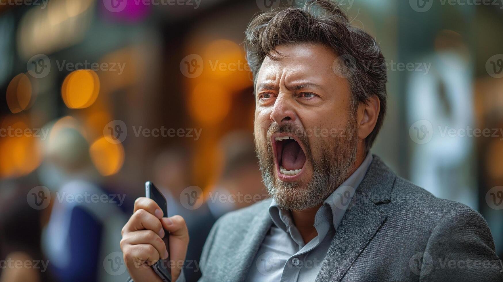 A middle-aged Caucasian man passionately expressing his emotions while holding a smartphone in a bustling urban setting. photo