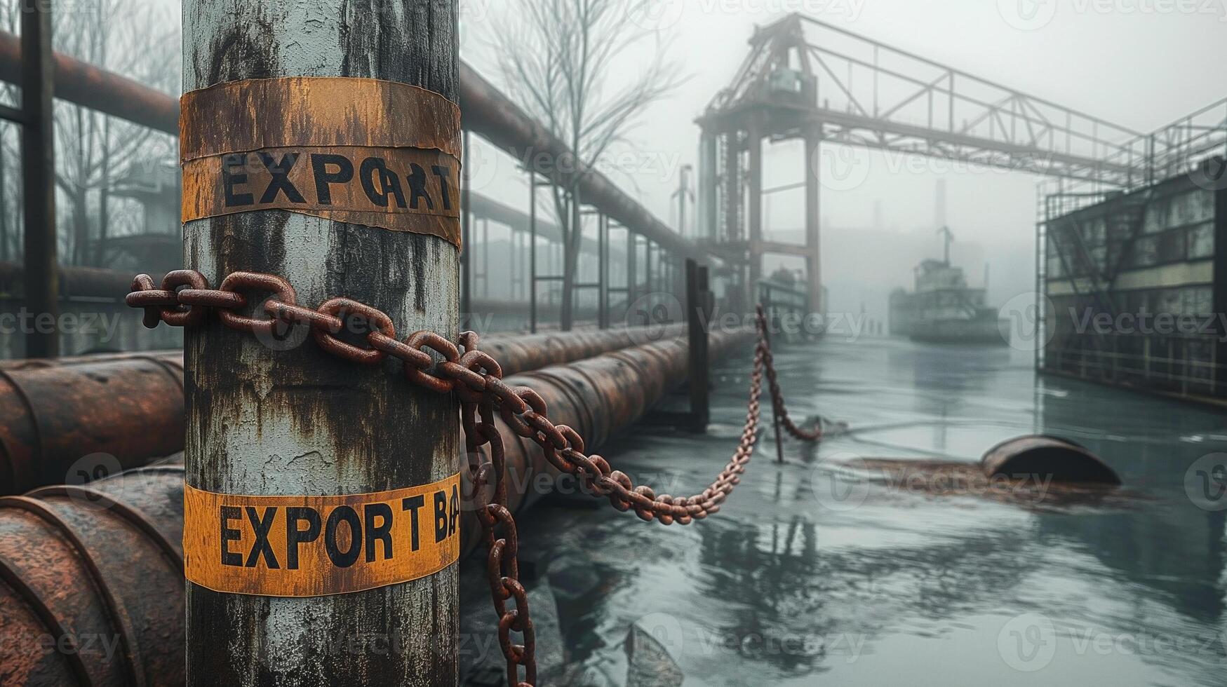 Rusty industrial surroundings with fog, highlighting export signs on weathered pipes. photo