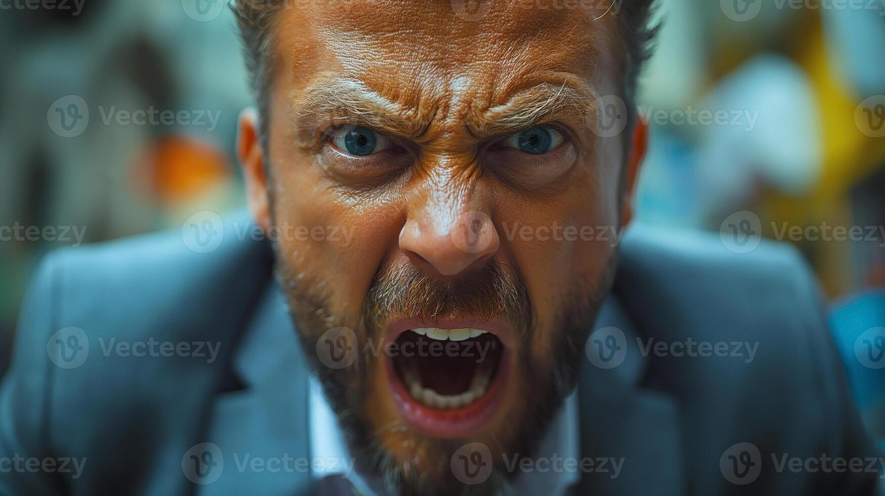 Angry middle-aged man with a beard in a suit expressing frustration outdoors. photo
