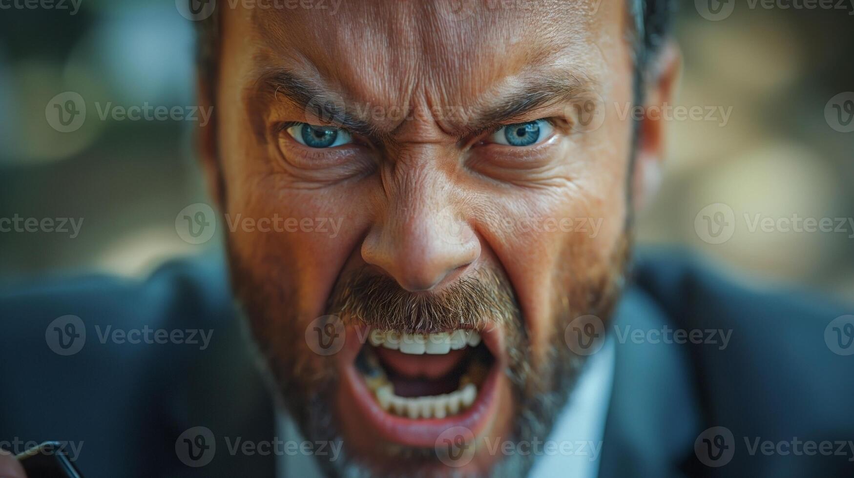 Angry Middle-Eastern man in a suit expressing intense frustration in a blurred outdoor setting. photo