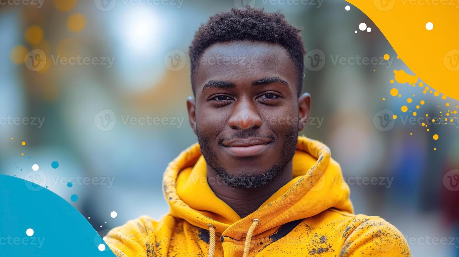 Smiling young Black man in a bright yellow hoodie, exuding confidence and positivity against an artistic backdrop. photo
