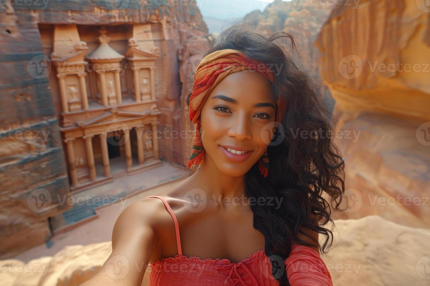 A joyful woman with curly hair and a colorful headscarf poses for a selfie in front of the magnificent Petra ruins. photo