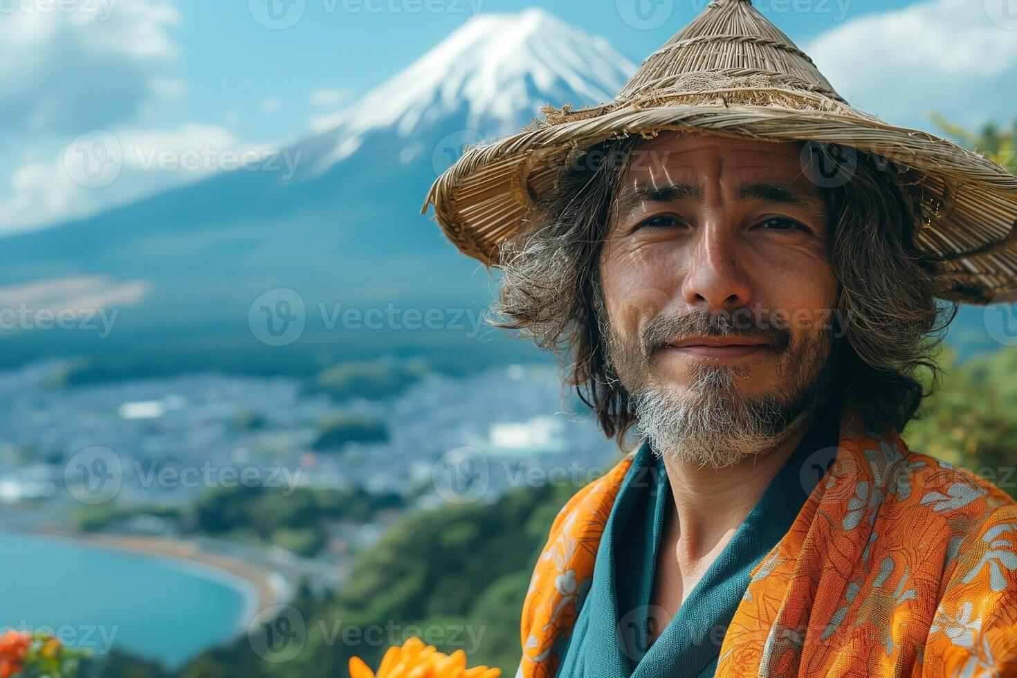 A middle-aged Asian man with long hair and a straw hat poses against a scenic backdrop of Mount Fuji. photo
