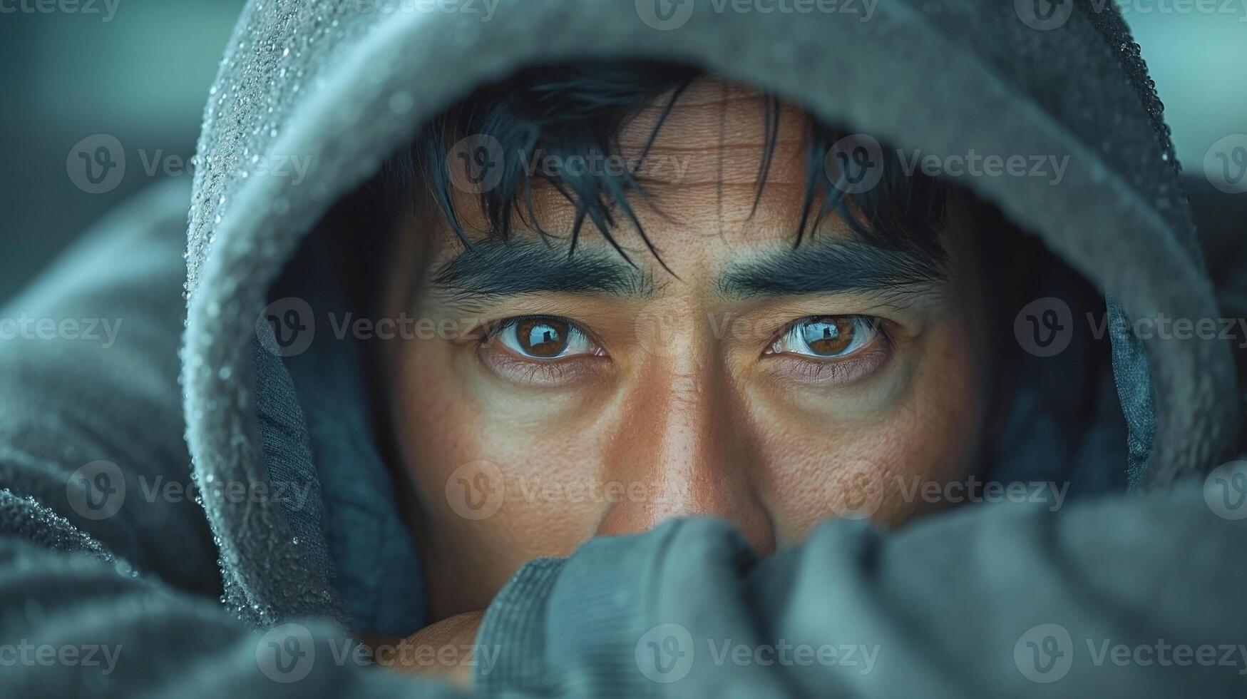 Close-up of a young Asian male in a grey hoodie, showing intense emotions and deep brown eyes, with a focus on winter elements. photo