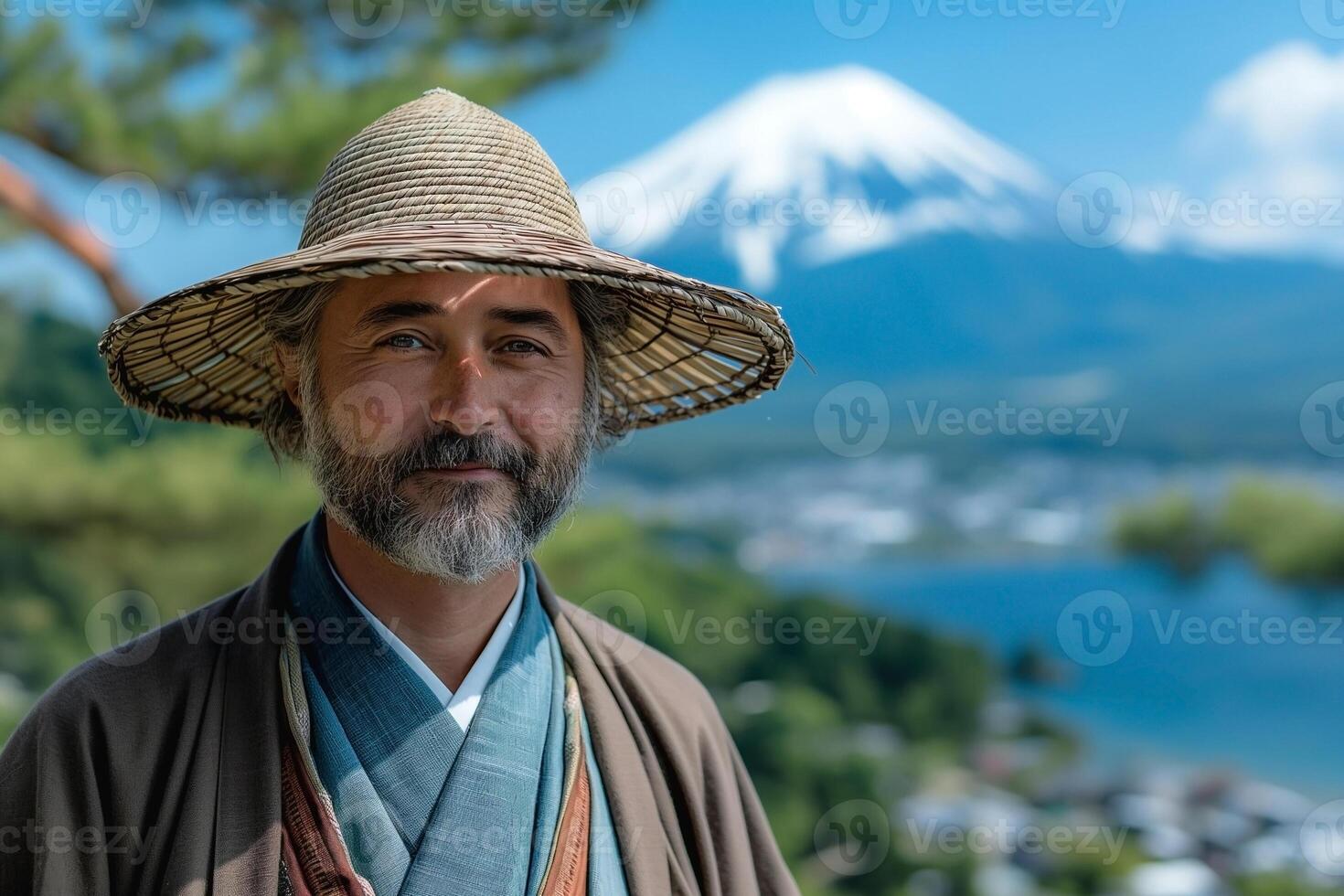 A serene middle-aged Asian man in traditional attire stands against the backdrop of Mount Fuji, exuding calmness and wisdom. photo