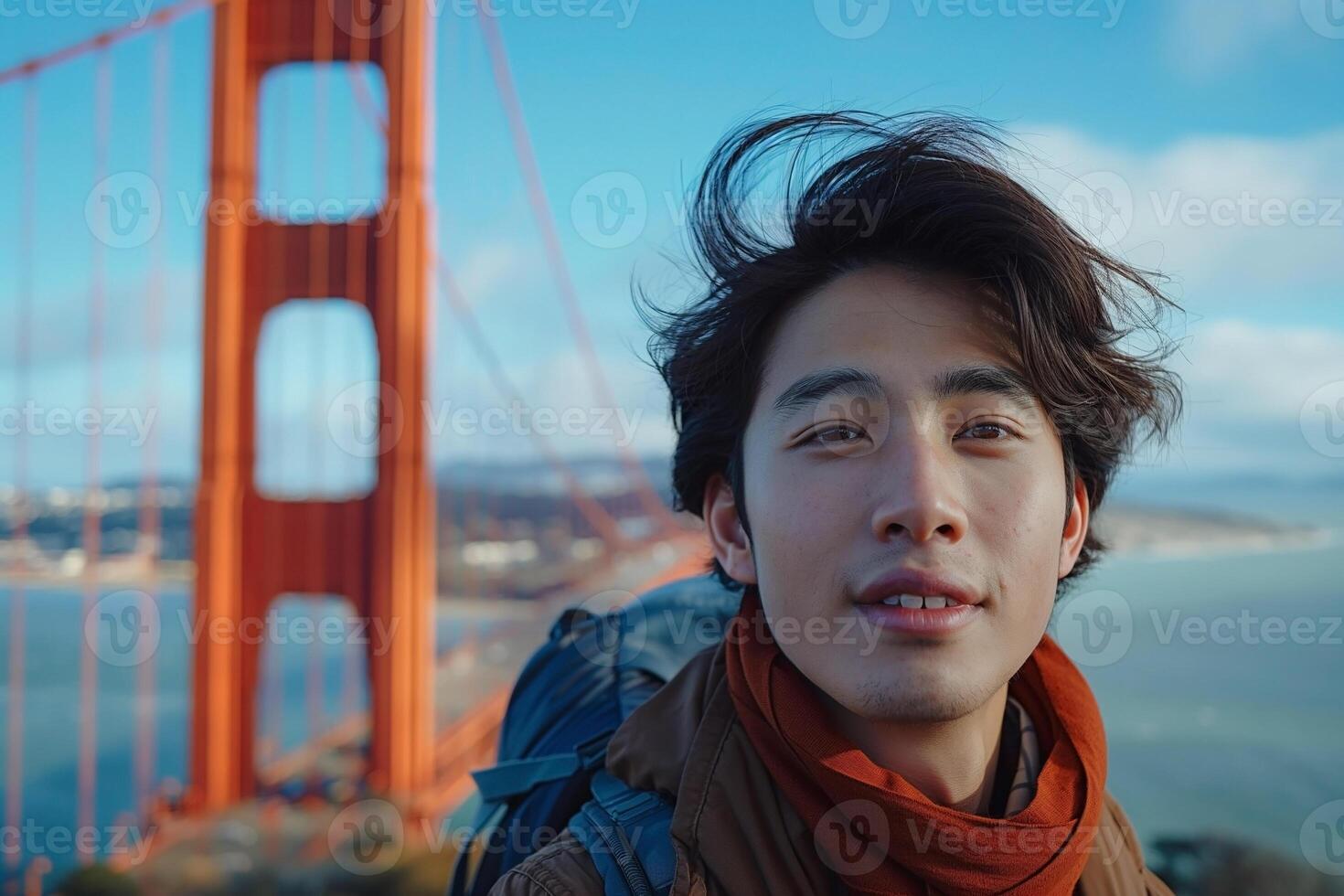 Young Asian man with a tousled hairstyle smiles in front of the iconic Golden Gate Bridge on a bright, breezy day. photo