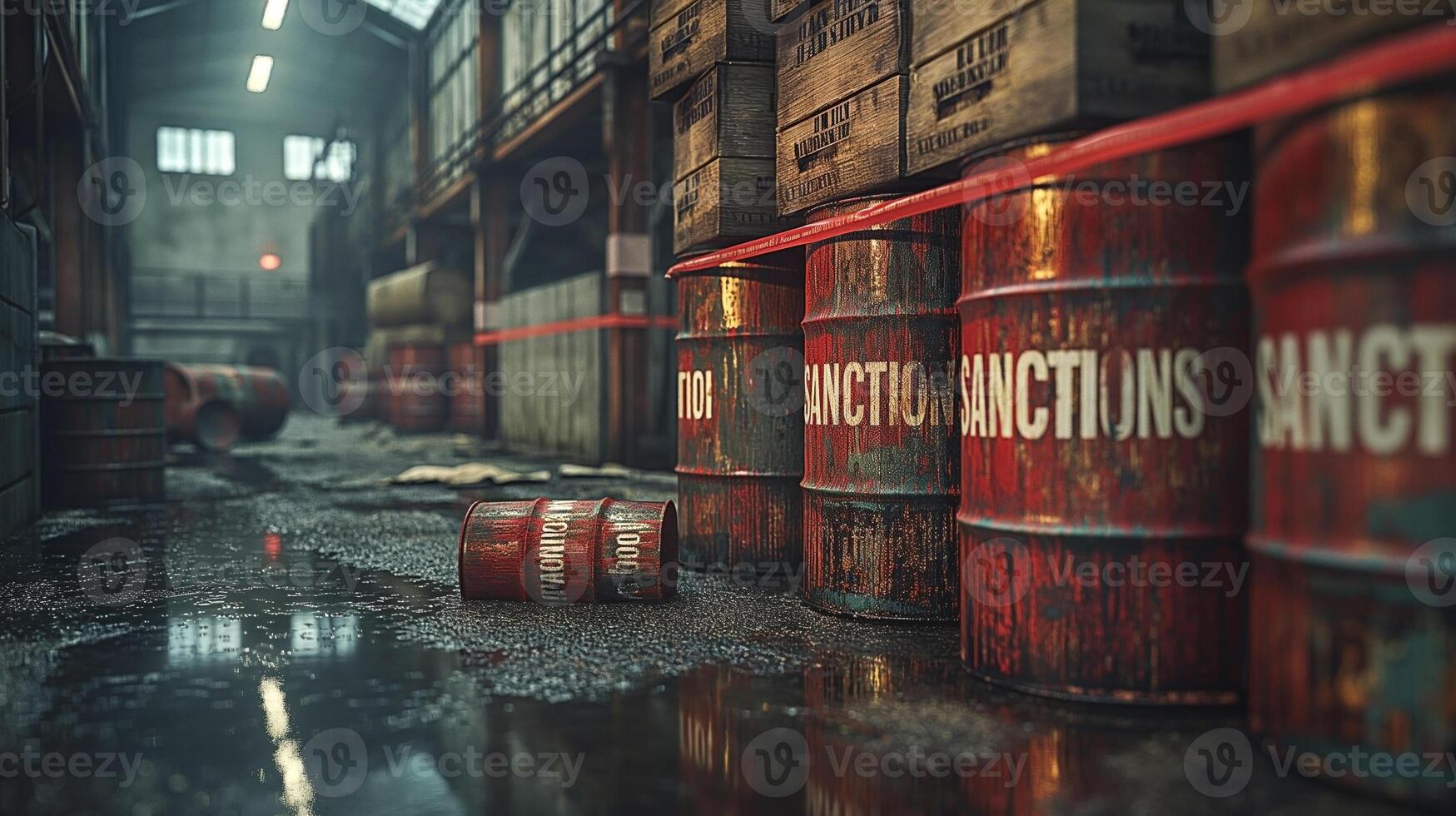 Rusty barrels labeled 'SANCTIONS' in an industrial warehouse setting, evoking a sense of tension and decay. photo