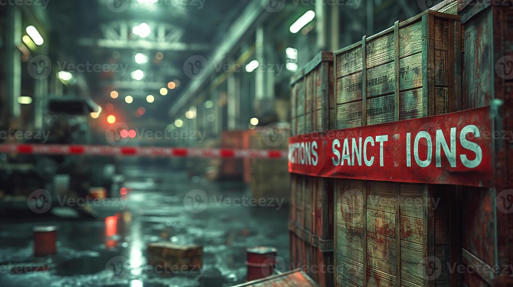 A striking view of a warehouse with wooden crates marked 'SANCTIONS', creating an ominous atmosphere. photo