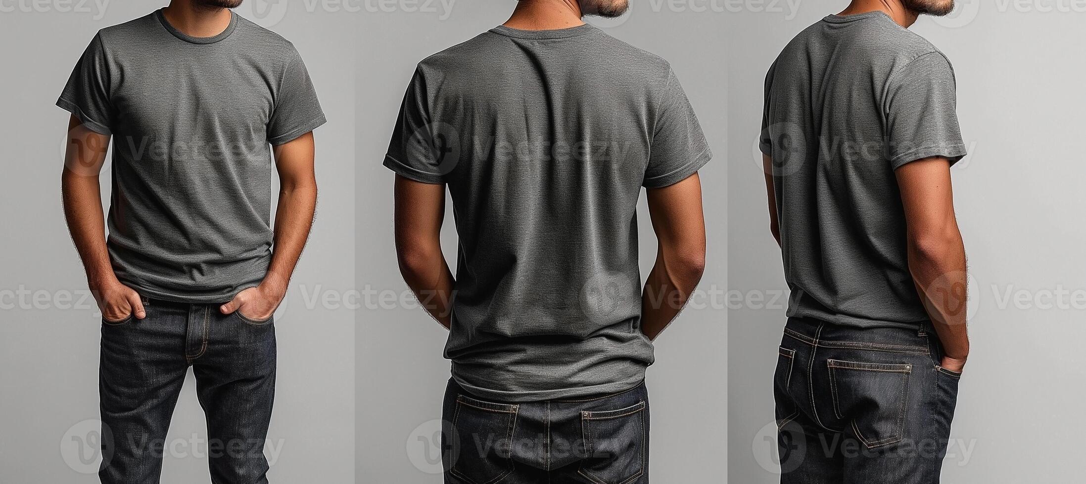 A young man of Middle Eastern descent showcases a casual gray T-shirt, revealing multiple angles and a relaxed attitude. photo