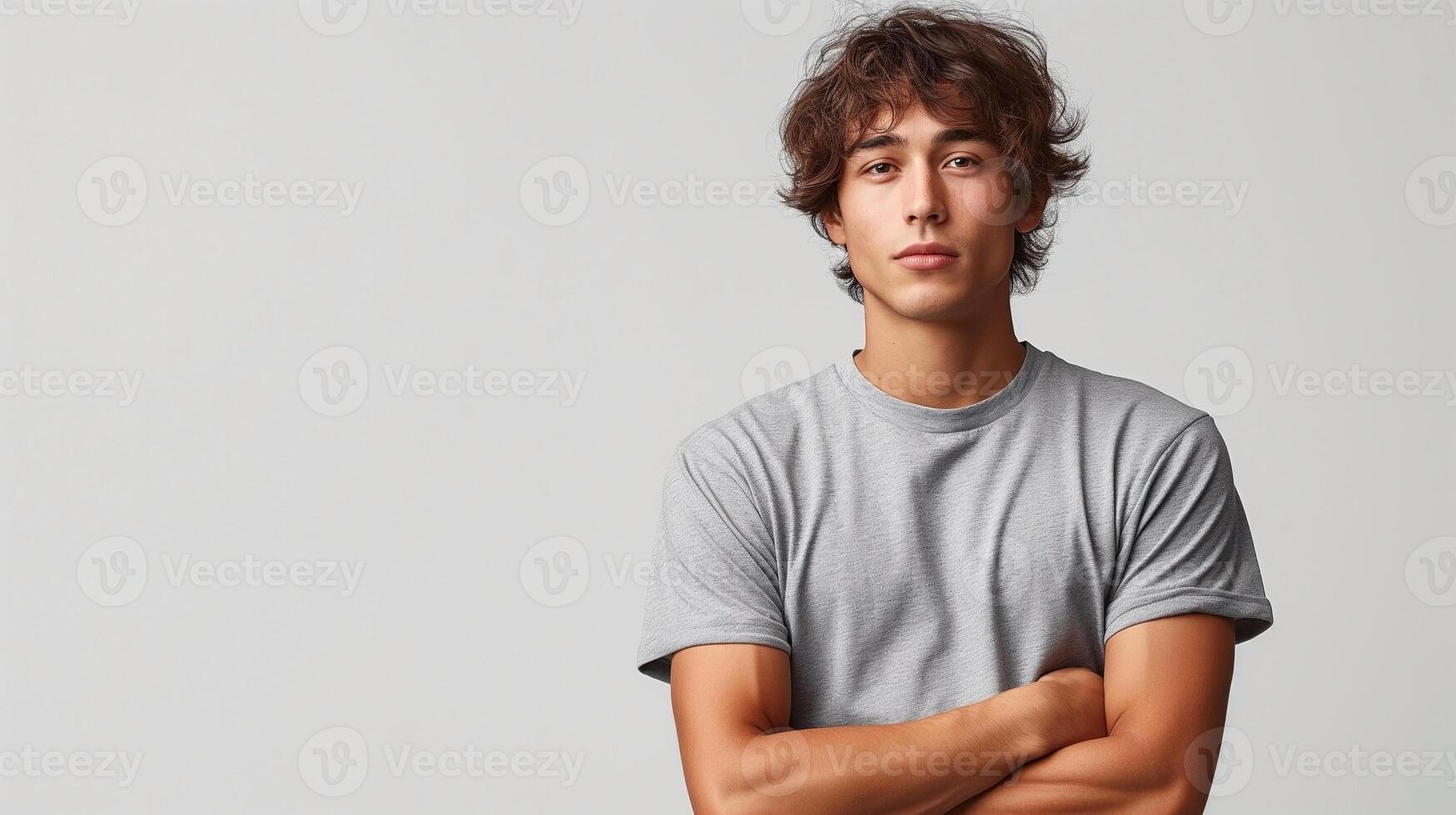 A young Hispanic man with curly hair stands confidently with crossed arms, wearing a gray t-shirt against a neutral backdrop. photo
