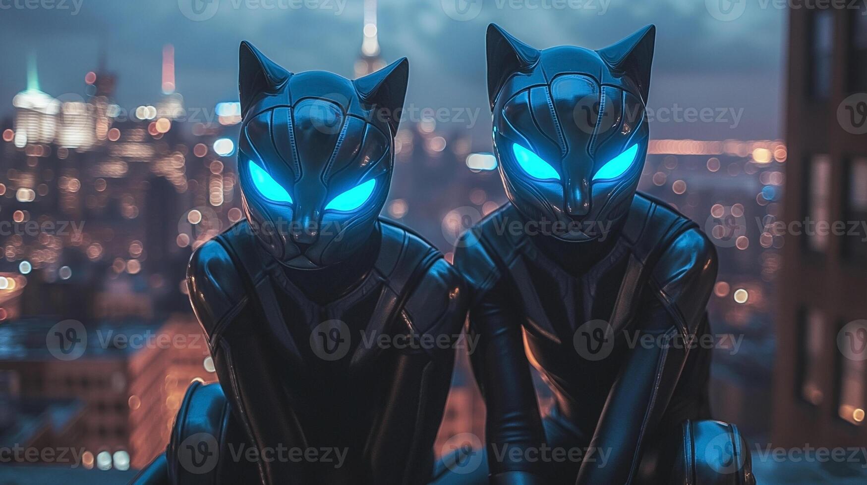 Two futuristic cat-like characters with glowing blue eyes, perched on a city rooftop at dusk. photo