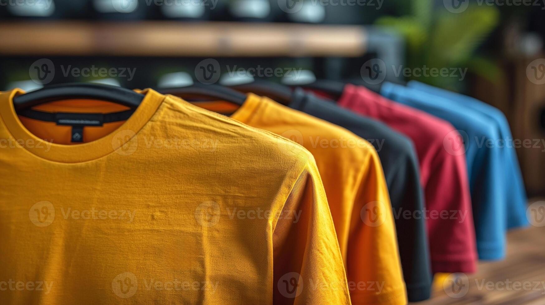 Colorful assortment of t-shirts hanging neatly, showcasing vibrant hues and casual fashion style. photo