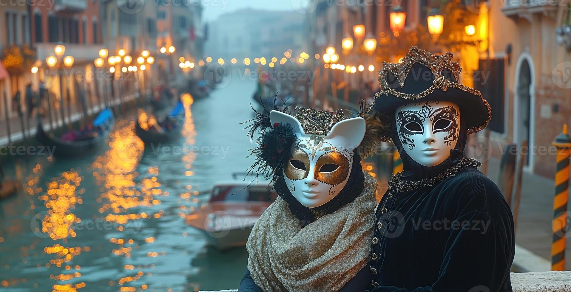 A striking couple in elaborate masks poses along a Venetian canal, evoking a sense of mystery and elegance. photo