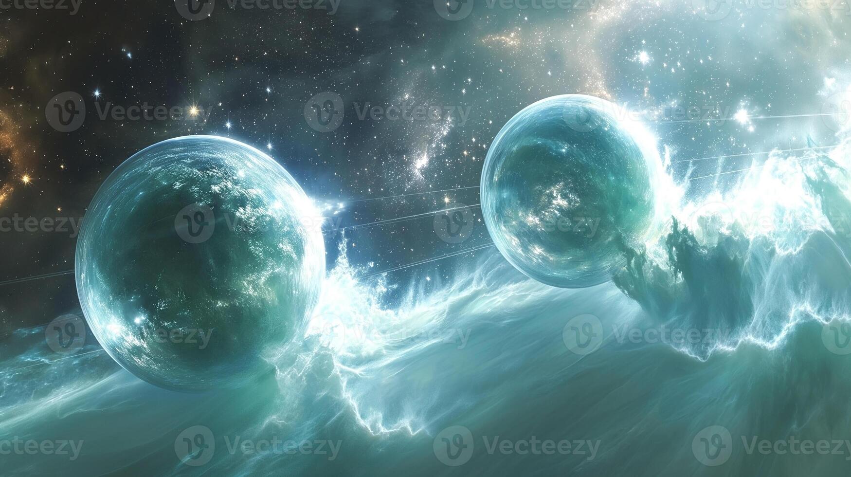 A captivating cosmic scene featuring two glowing spheres amidst swirling clouds of energy in an ethereal galaxy. photo