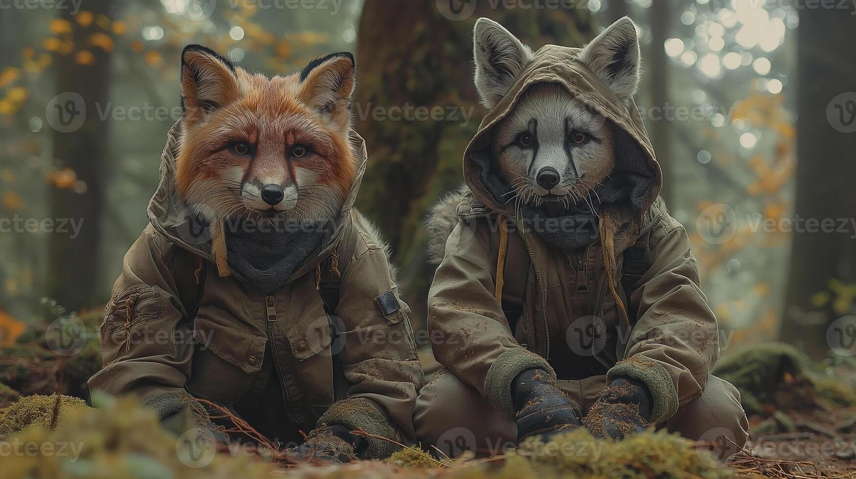 Two anthropomorphic characters dressed in hooded jackets, resembling a red fox and a raccoon, sitting in a foggy forest. photo