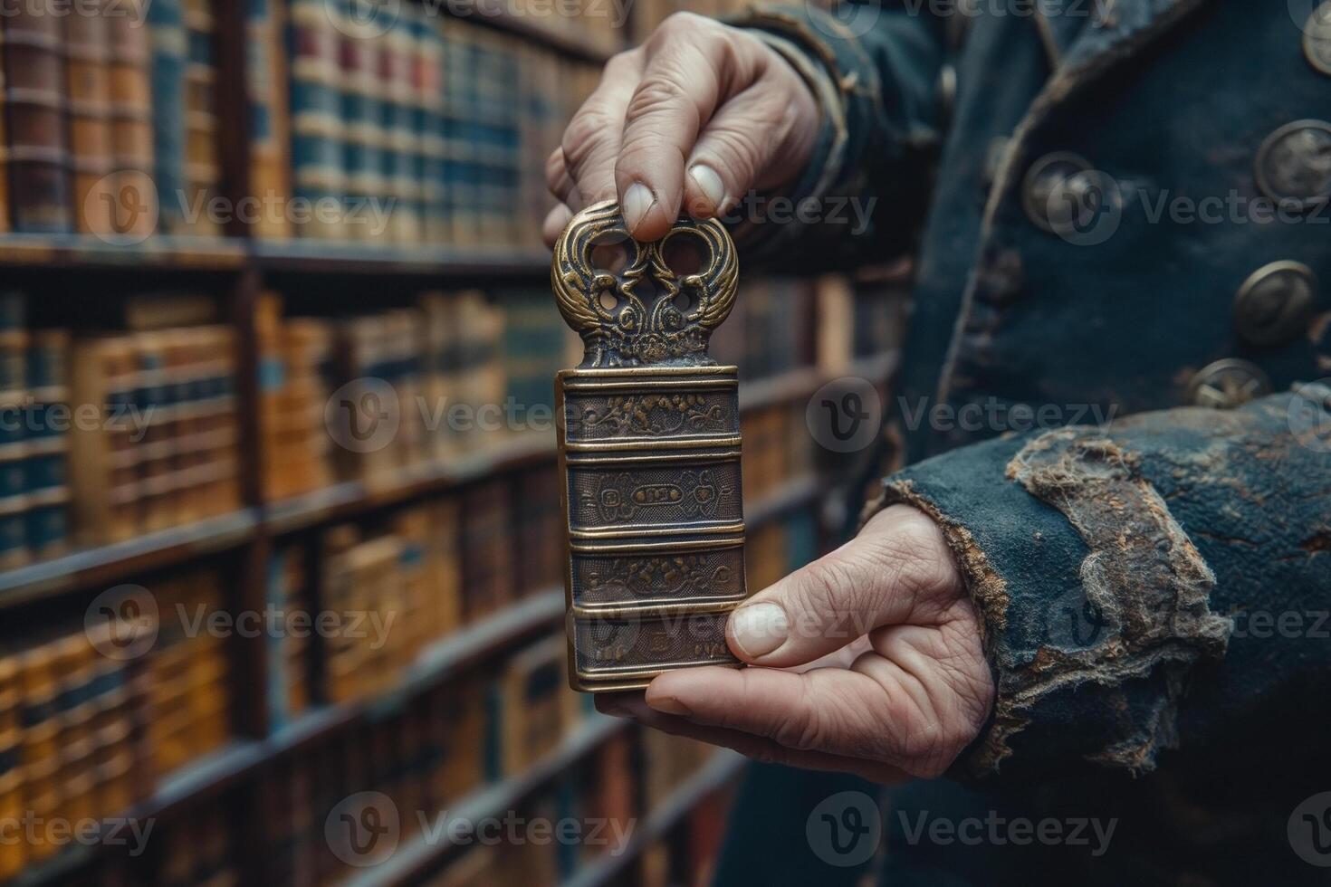 A male with Middle Eastern features holds an intricate antique object in a vintage library setting. photo