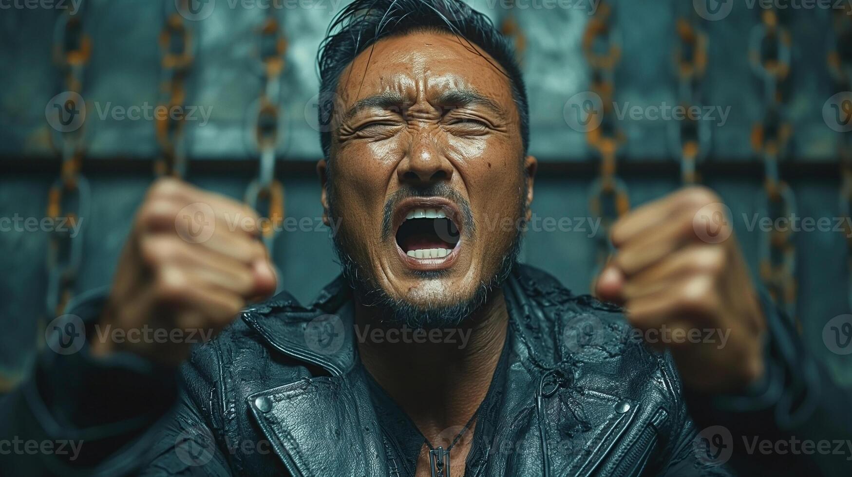 A male Asian artist passionately expresses raw emotion in a dramatic setting, showcasing resilience amidst adversity. photo