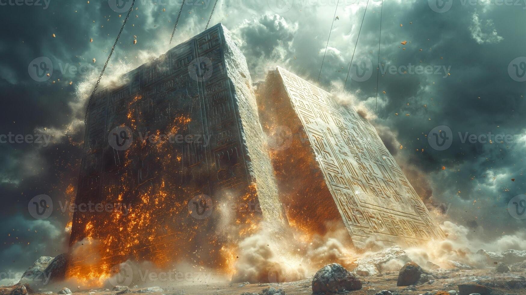 A dramatic scene of two massive ancient stone blocks erupting amidst swirling clouds and fiery explosions. photo