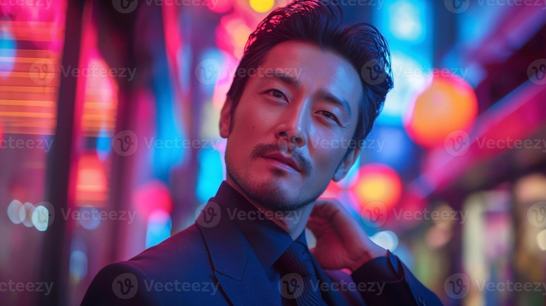 Confident East Asian man in a dark suit poses against vibrant neon lights, exuding elegance and charm. photo