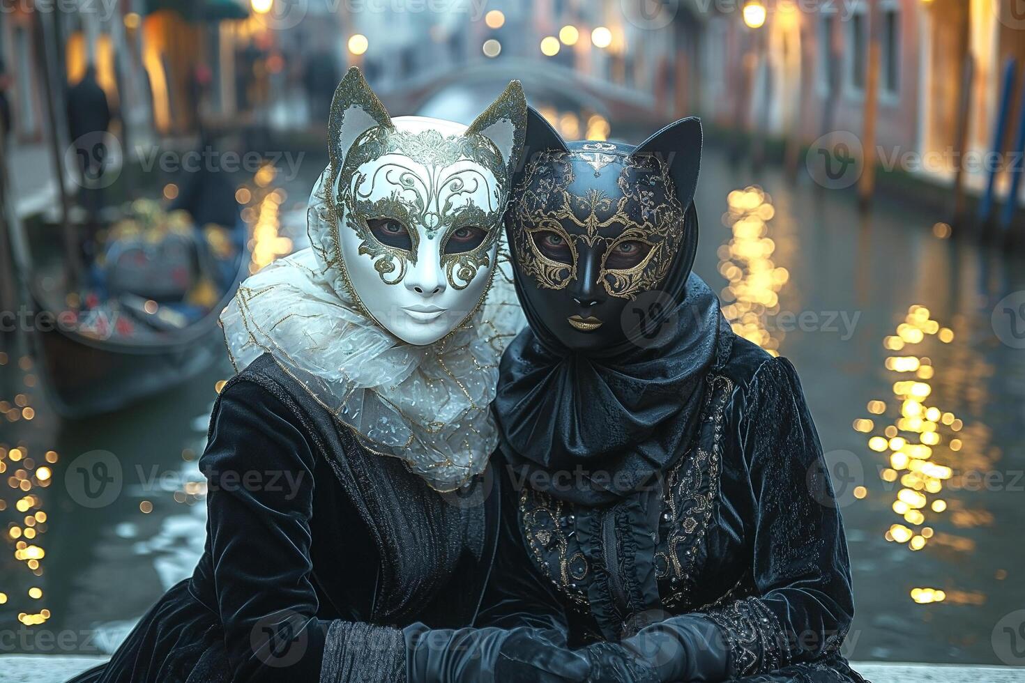 Two women in elegant cat-themed masks sit by a canal, embodying the enchanting spirit of a masquerade. photo