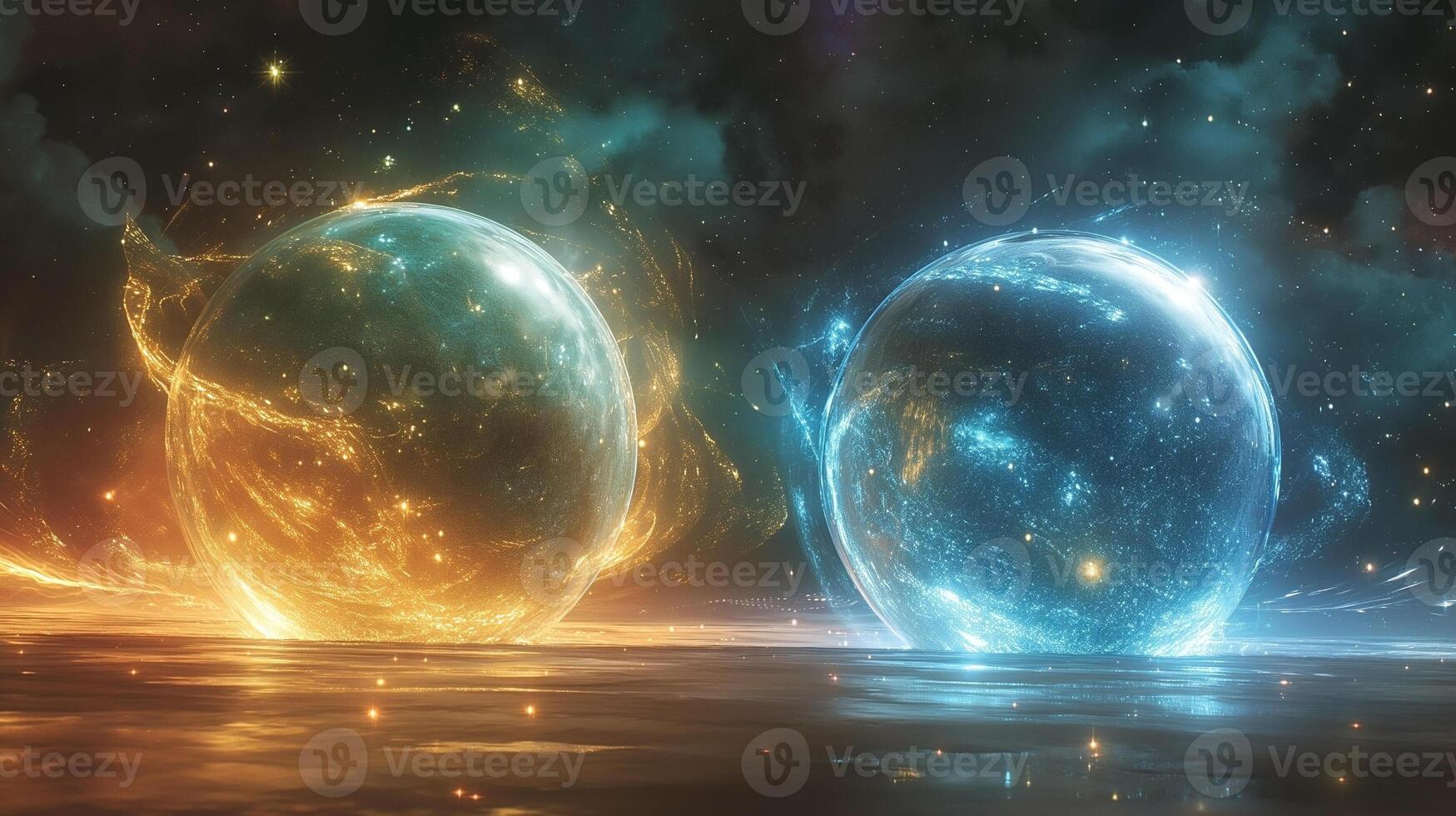 Two luminous spheres, one orange and one blue, radiate energy in a cosmic space filled with swirling clouds and starlight. photo
