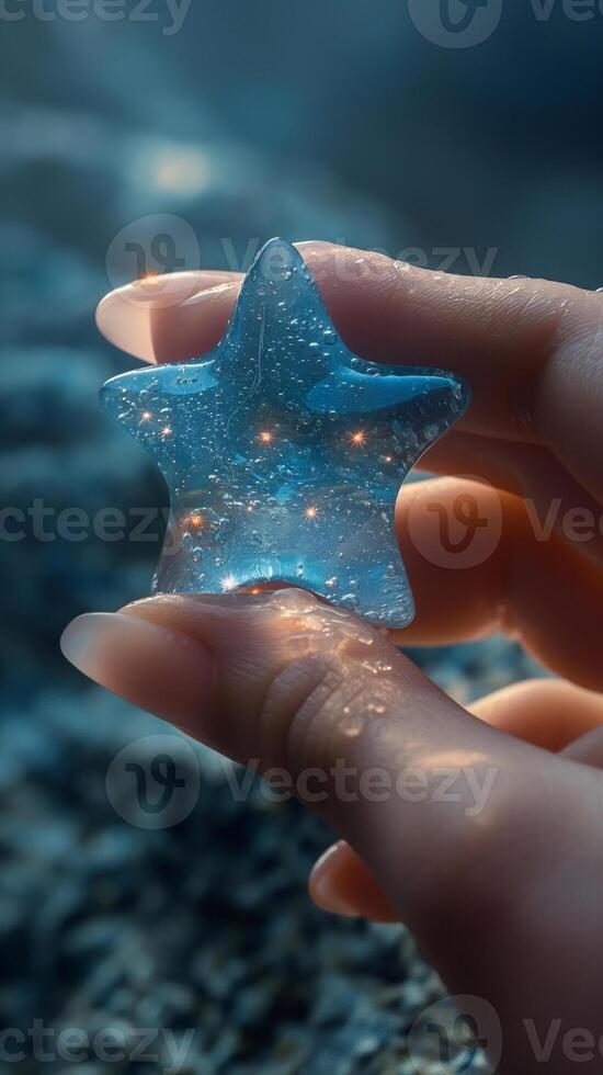 A delicate hand holding a translucent star-shaped charm, reflecting soft lights and shimmering patterns. photo