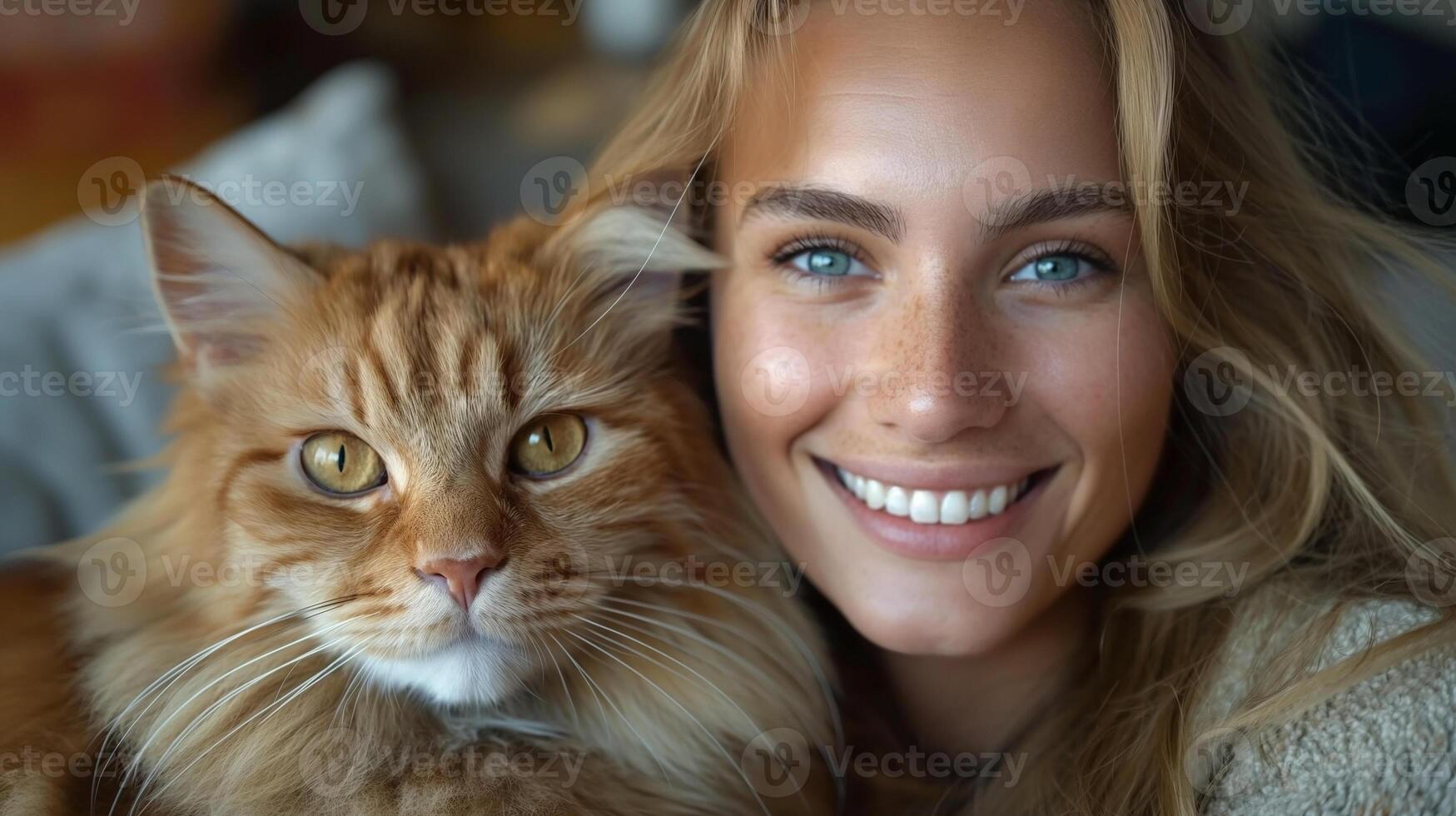 Smiling woman with long hair and freckled skin cuddles with a fluffy orange cat, capturing a moment of joy and companionship. photo