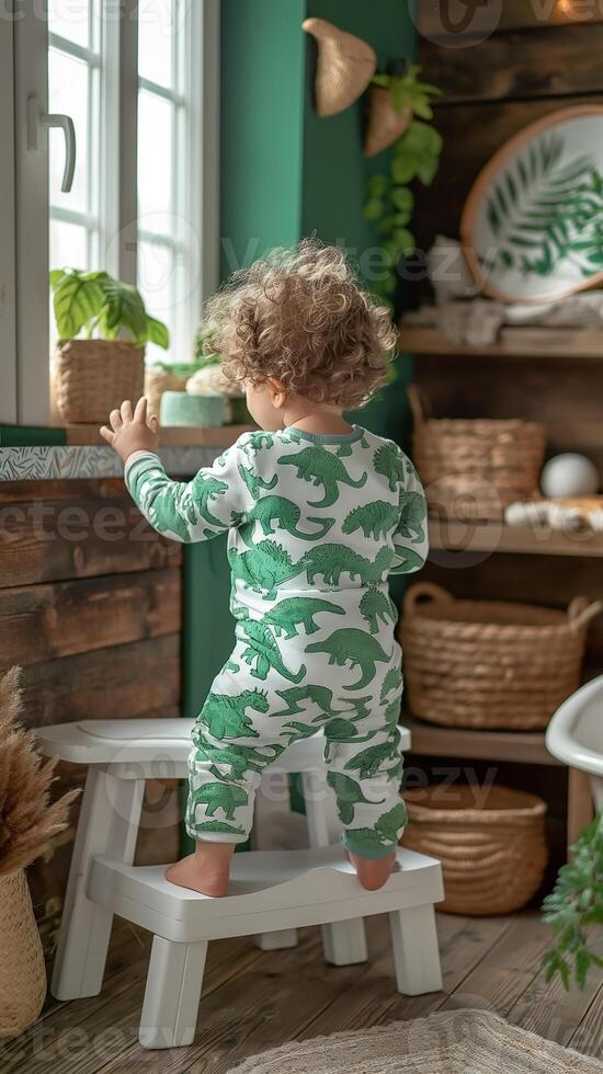 A young child with curly hair, wearing dinosaur-patterned pajamas, gazes out the window in a cozy, plant-filled room. photo