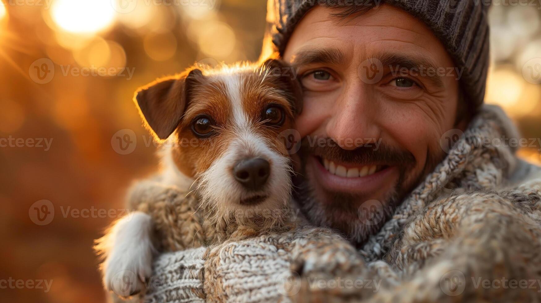 Smiling man with a beard in a cozy sweater, holding a small dog, both enjoying a warm sunset glow. photo