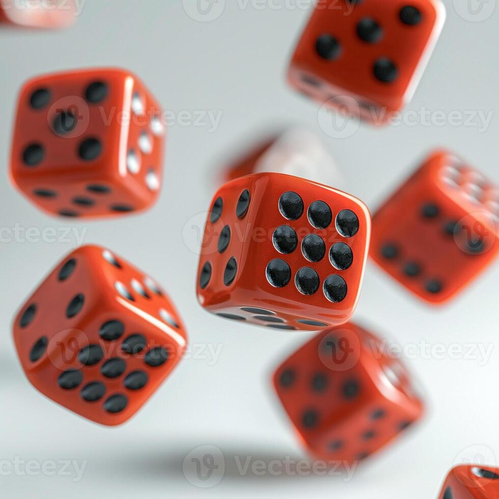 A vibrant scatter of red dice with black dots soaring through the air, symbolizing chance and excitement. photo