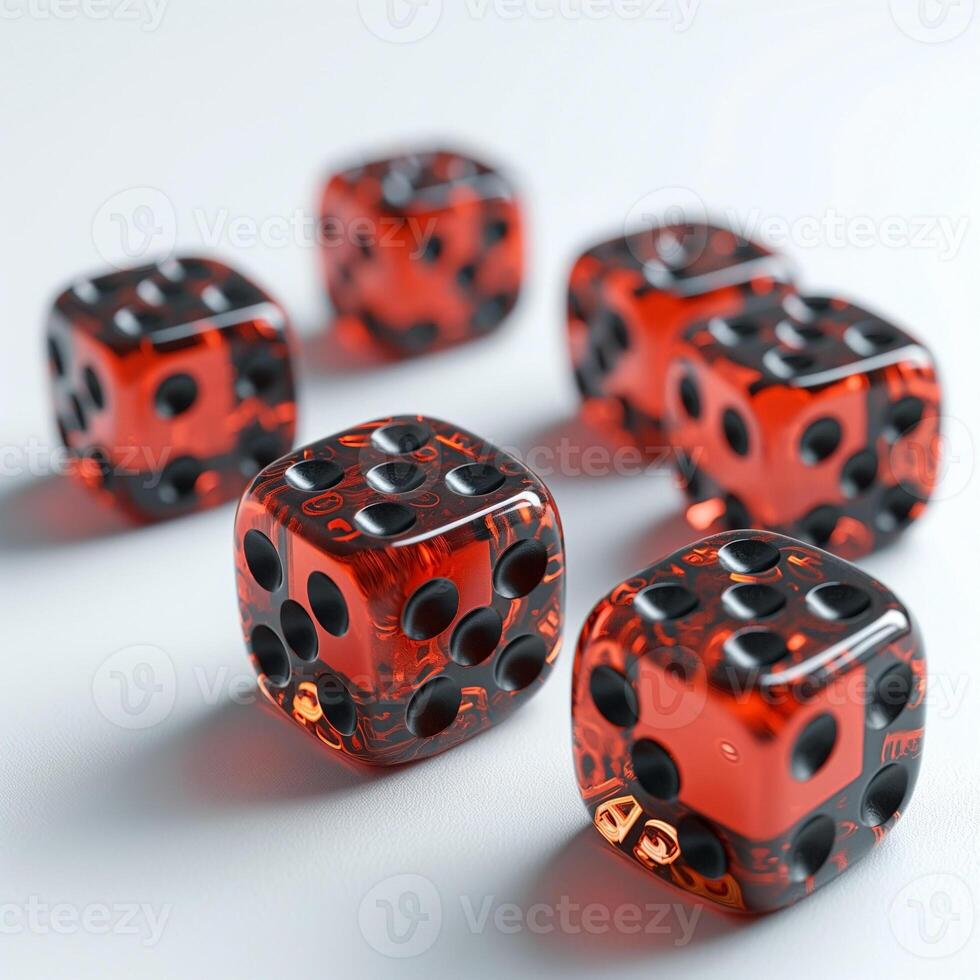 Close-up of six vibrant red dice with black dots, showcasing a playful atmosphere and chance. photo