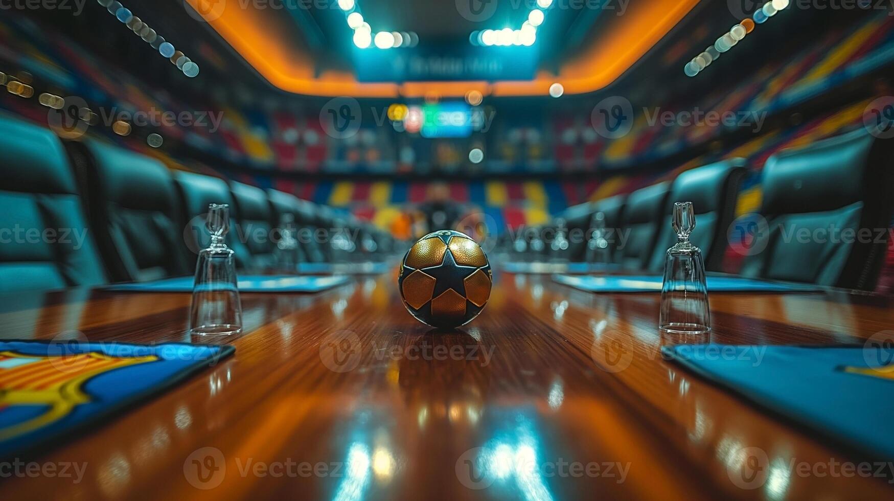 A golden soccer ball sits at the center of a boardroom, surrounded by elegantly arranged chairs in vibrant colors. photo