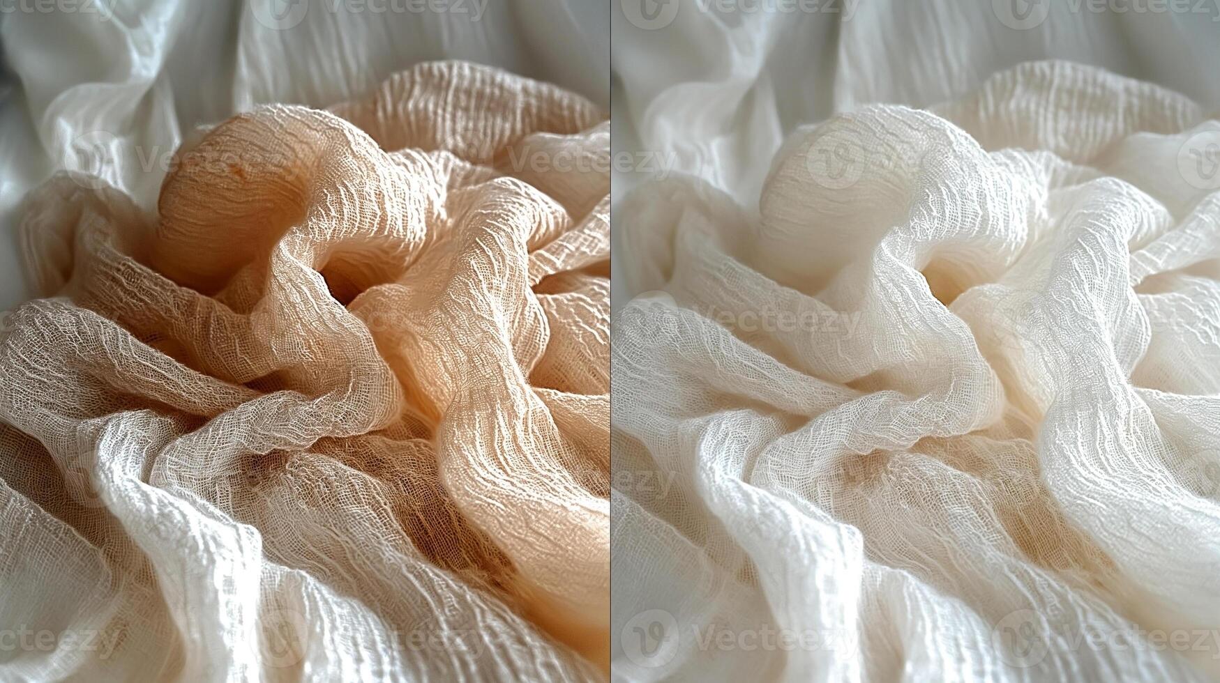 Delicate folds of sheer fabric in warm beige and soft white hues create a serene, elegant atmosphere. photo
