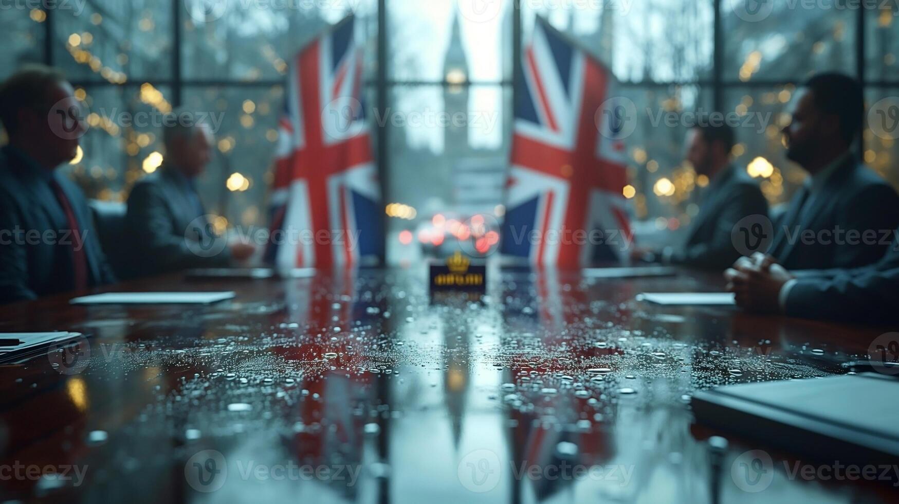 A business meeting with male professionals in suits, framed by British flags and a rainy window, creating a somber and serious mood. photo