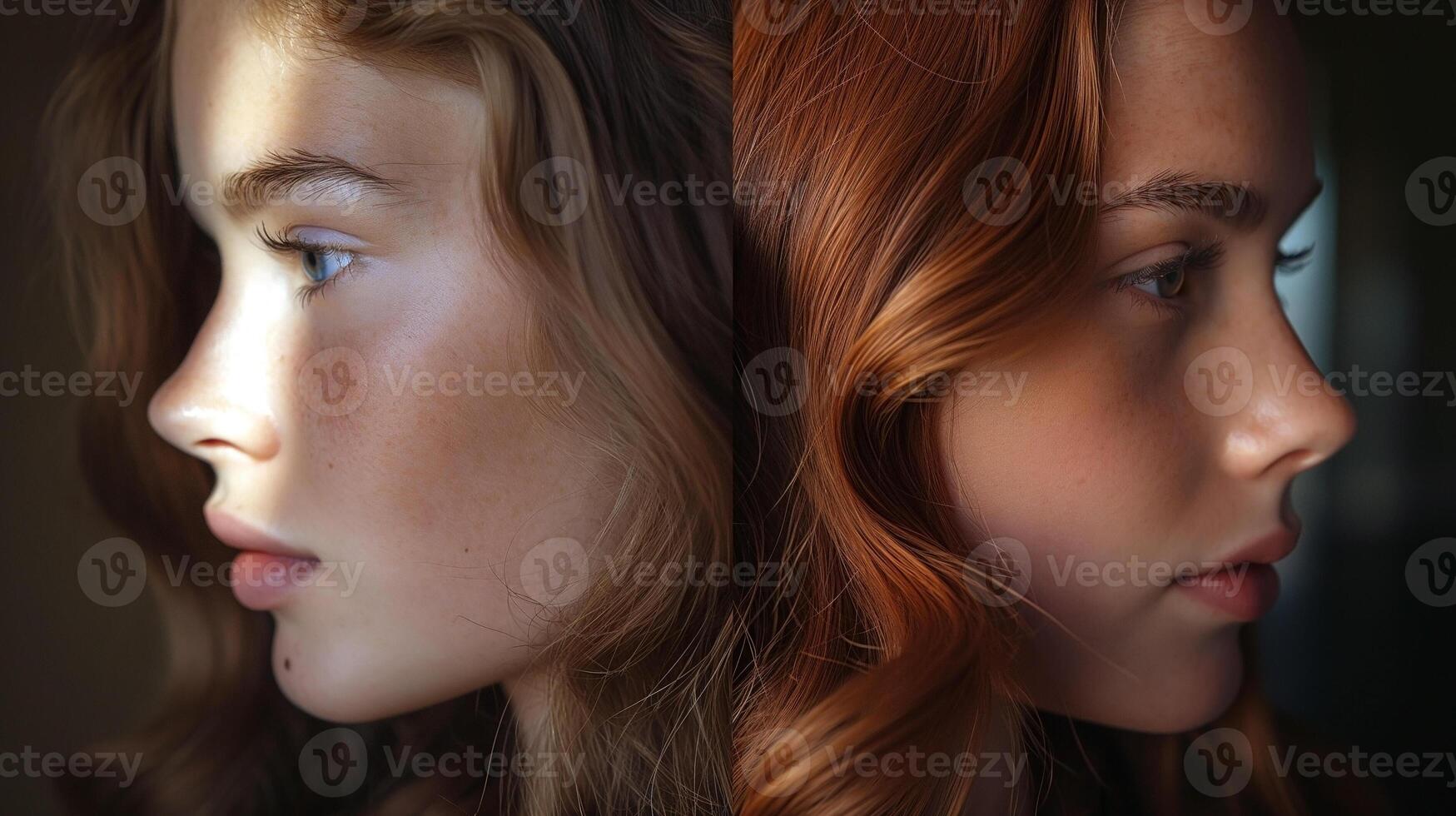 Two young girls with beautiful profiles showcasing different hair colors and textures in soft, natural lighting. photo