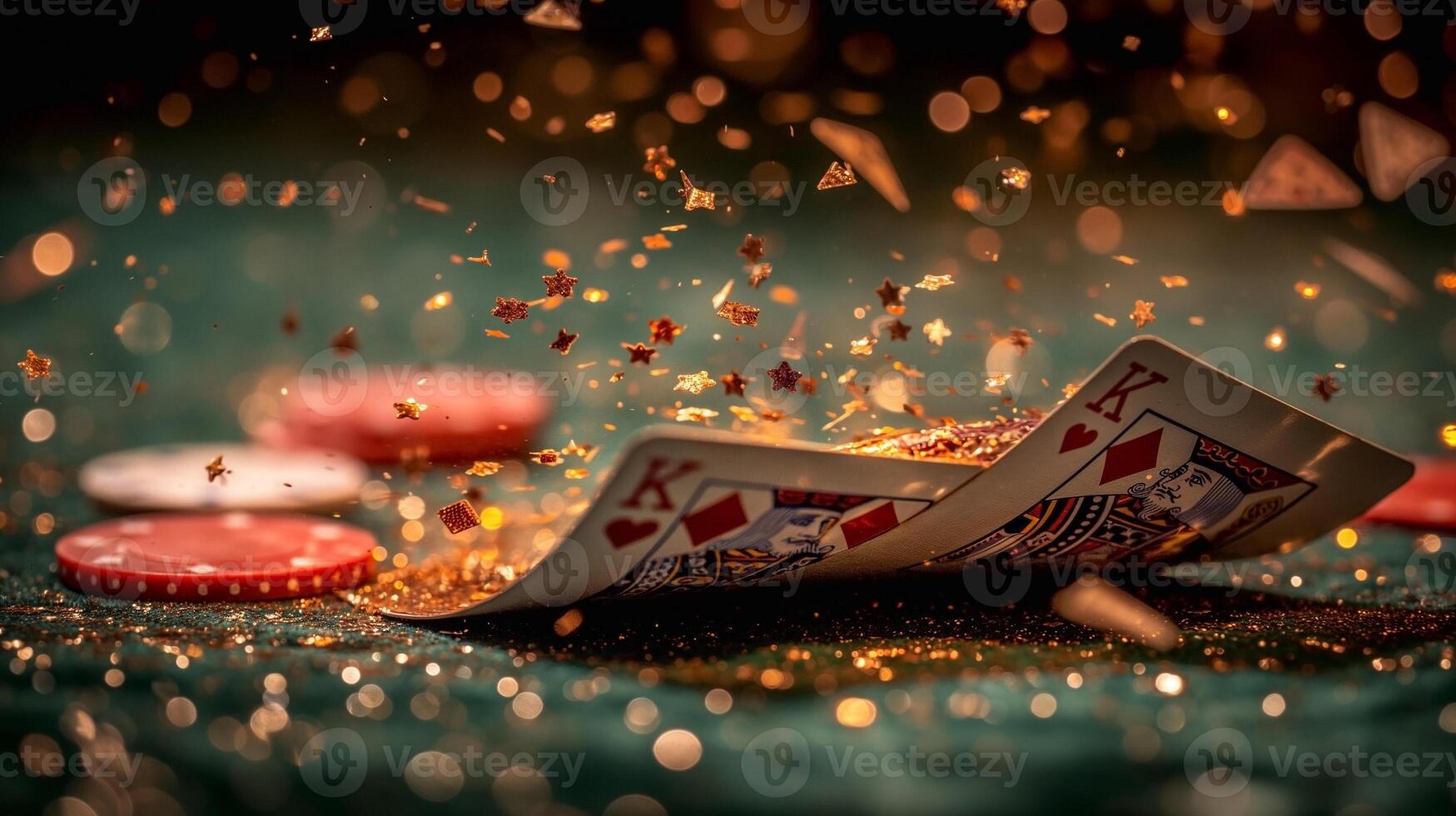 Two heart kings emerge from a shower of glitter, creating a vibrant gambling atmosphere with scattered poker chips. photo