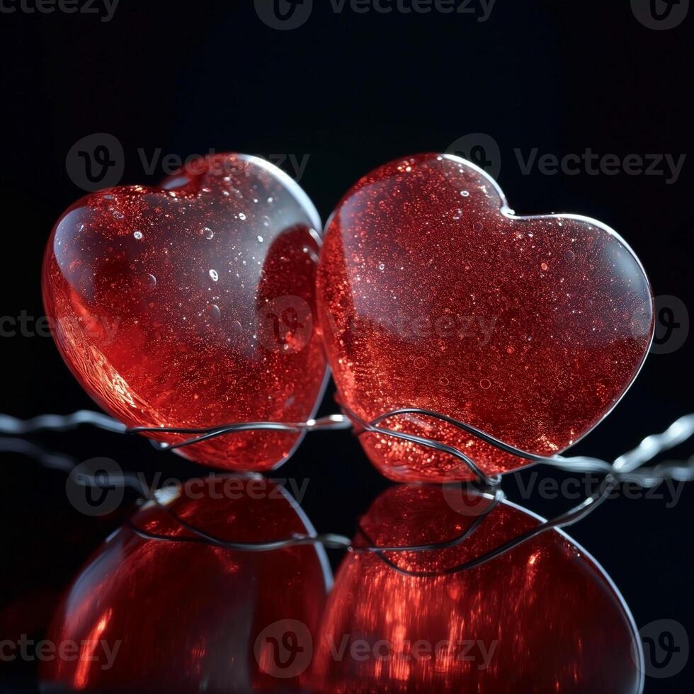Two shimmering red glass hearts entwined, symbolizing love and connection against a dark background. photo