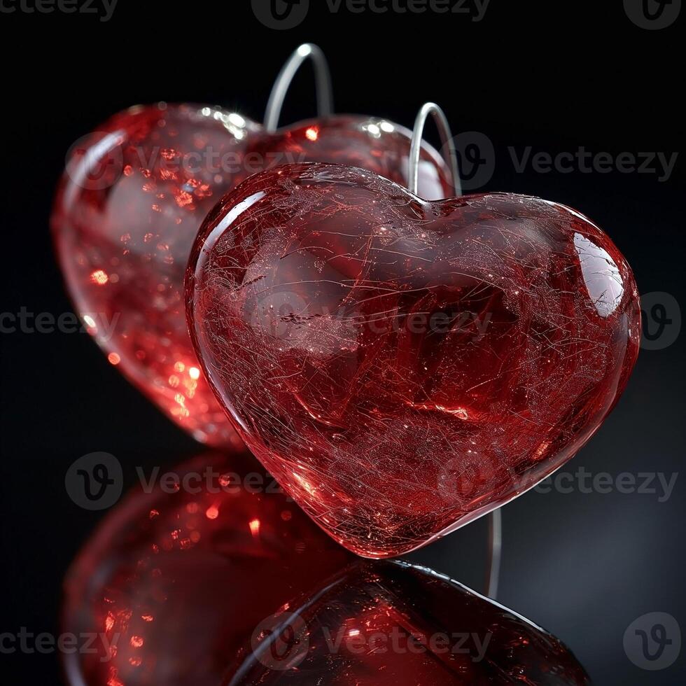 Two intricately designed red glass hearts reflecting light against a dark backdrop, symbolizing love and affection. photo
