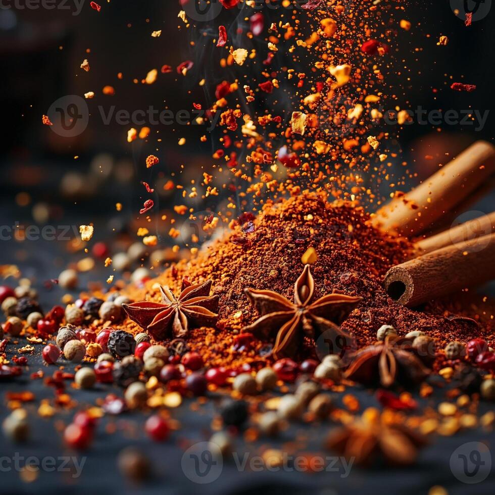 A vibrant spread of spices including cinnamon sticks, star anise, and colorful peppercorns against a dark background. photo