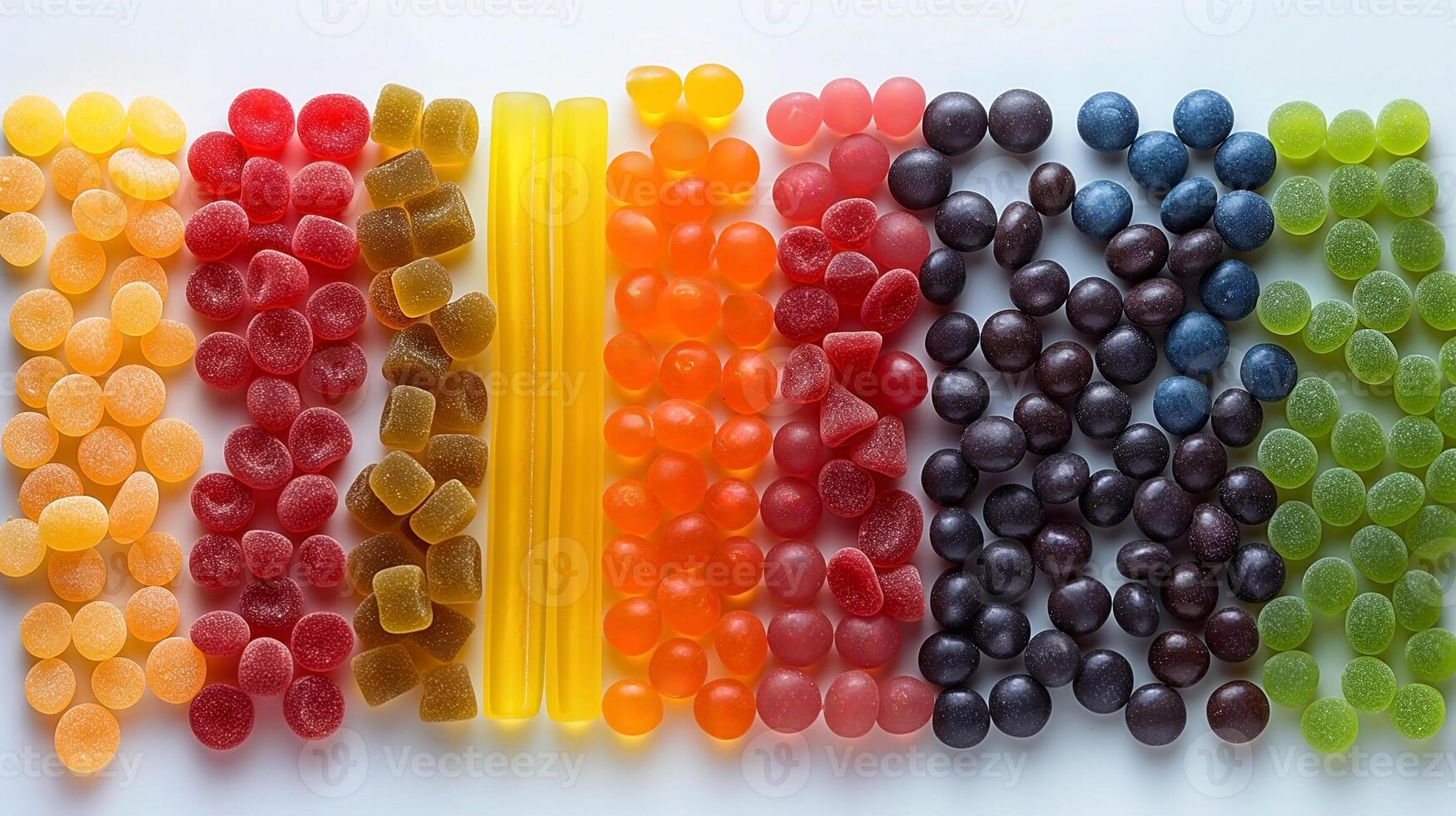 A vibrant array of colorful gummy candies neatly arranged in rainbow order, showcasing fruity flavors and playful shapes. photo