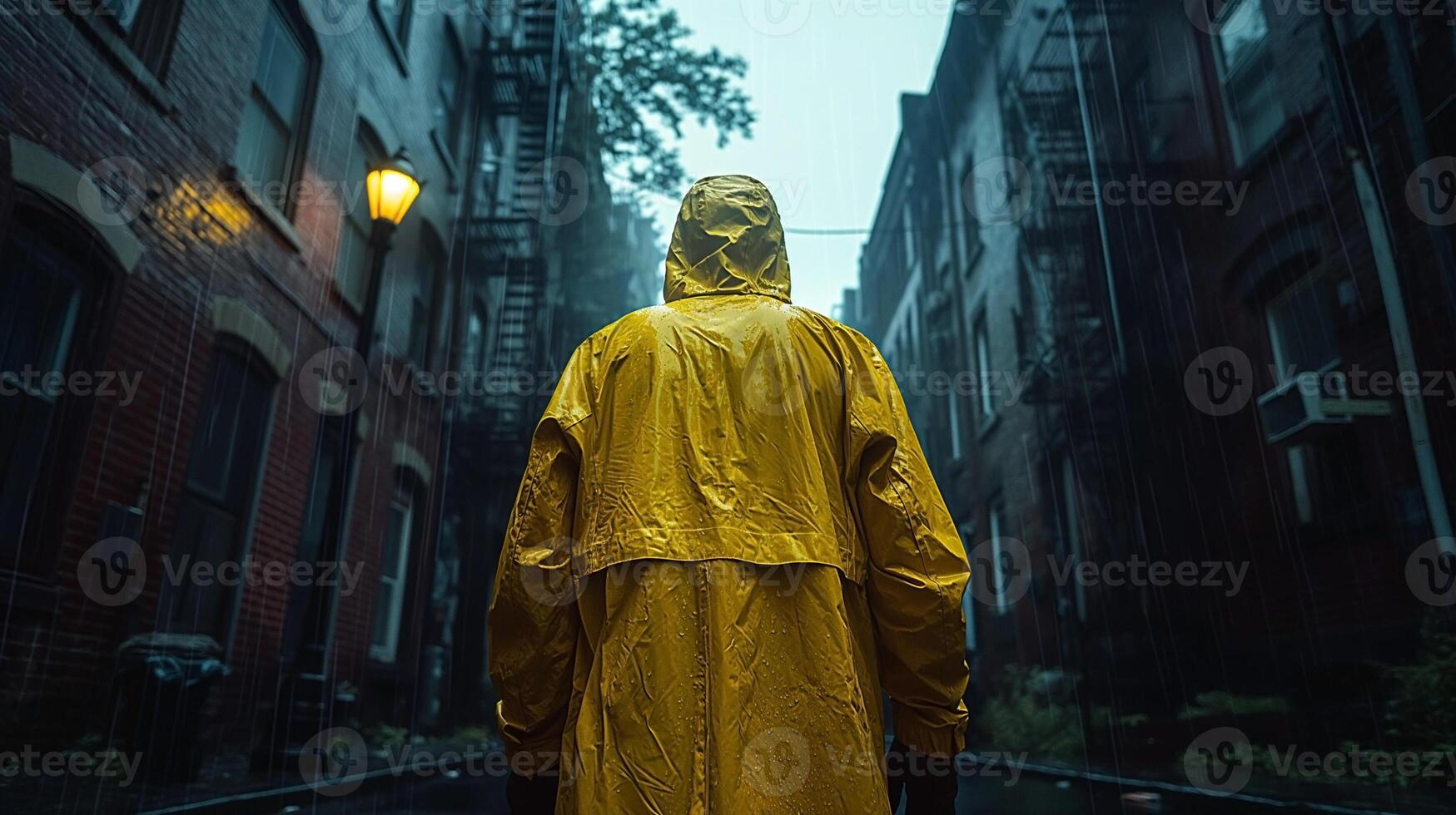 A person in a yellow raincoat stands in a moody alley as rain falls, surrounded by vintage brick buildings. photo