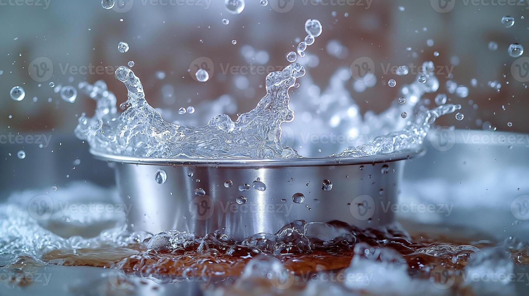 A close-up of a metal bowl splashing water, capturing the dynamic motion and vibrant droplets. photo