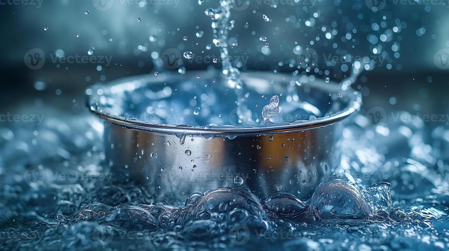 A close-up of a stainless steel bowl splashing in water, creating dynamic bubbles and droplets. photo