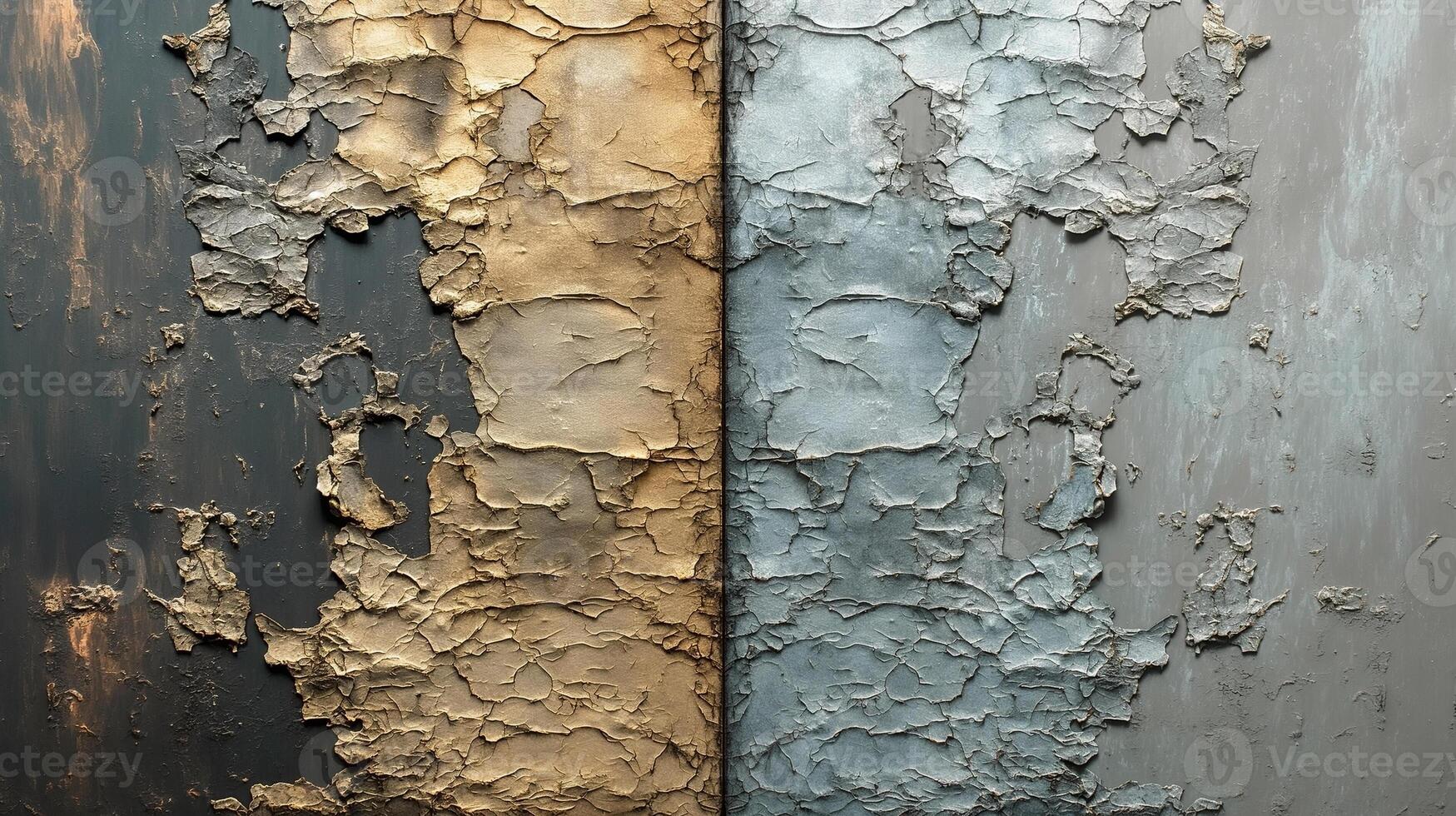 Intricate textures of peeling paint in gold and blue tones, showcasing a blend of artistic decay and vintage charm. photo