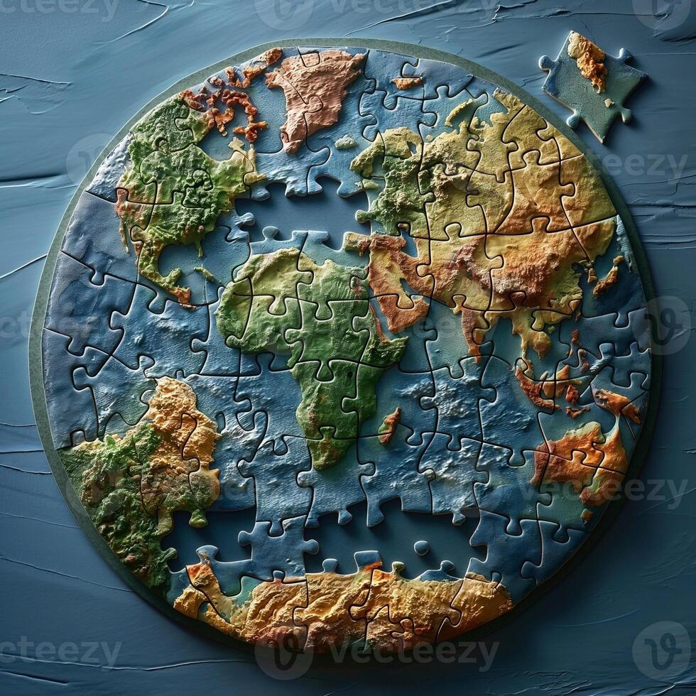 A vibrant, colorful globe puzzle representing Earth, showcasing various continents and oceans with a missing piece. photo