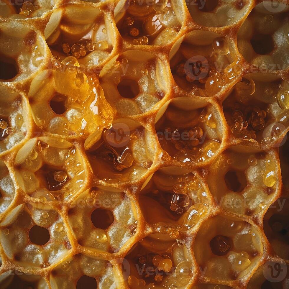 Close-up of golden honeycomb filled with glistening honey, showcasing intricate hexagonal patterns and a rich amber hue. photo
