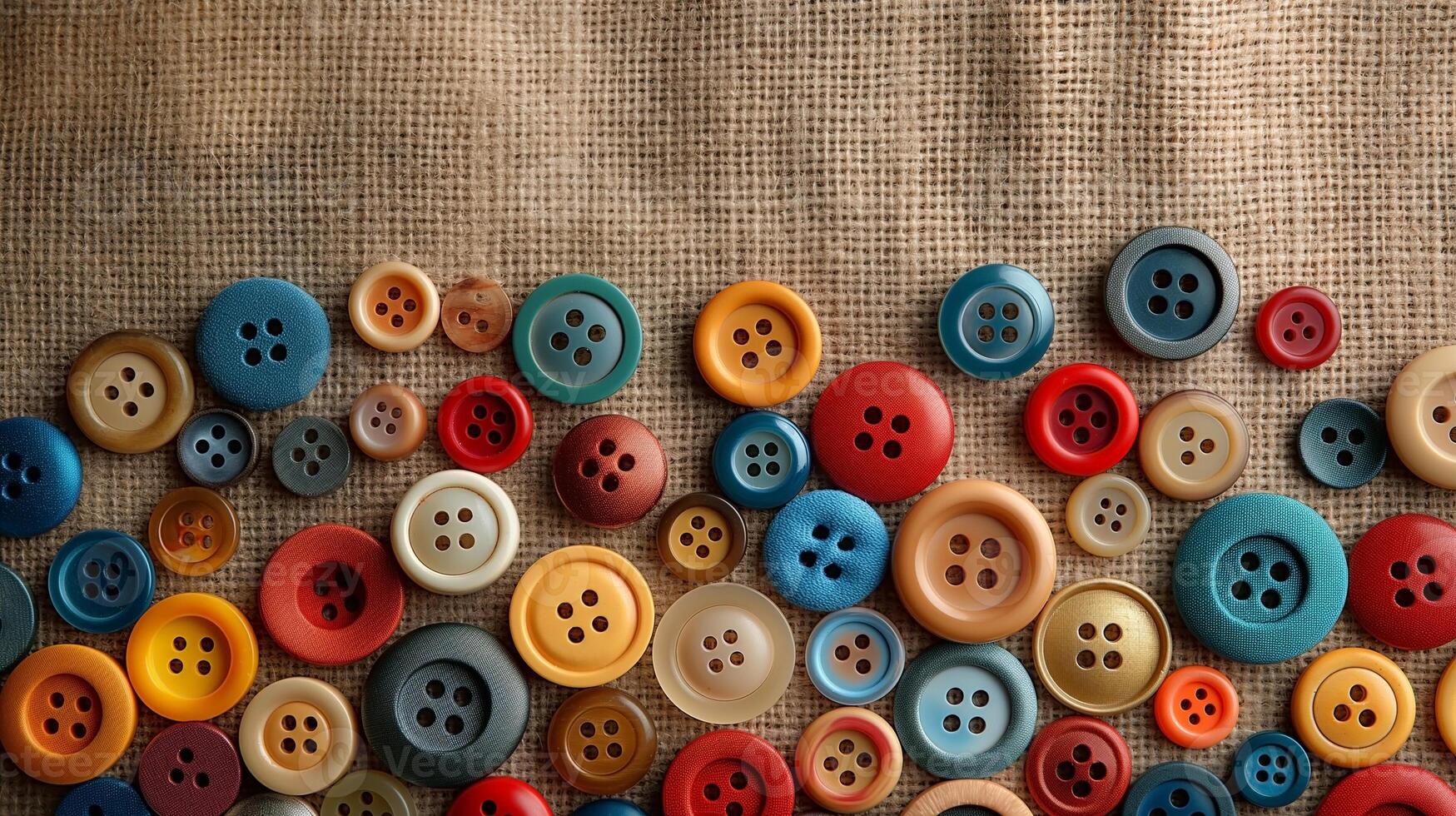 A vibrant collection of colorful buttons displayed on a textured fabric background. photo